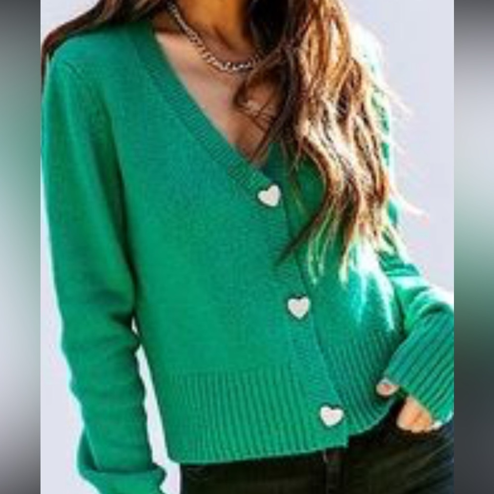 New English factory from Vici green cardigan with heart buttons